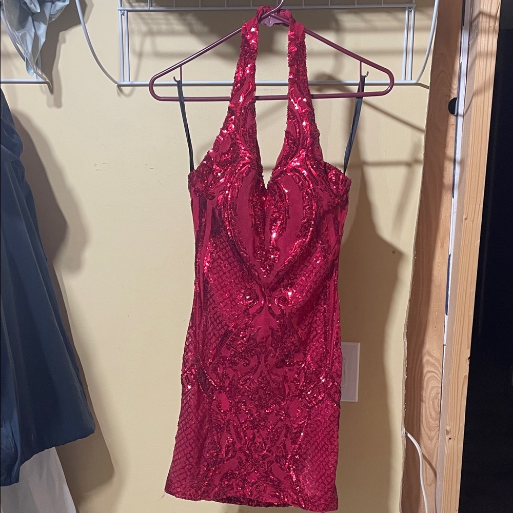 B Darlin Vibrant Red Backless Sequin Dress